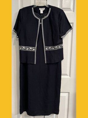 Coldwater Creek 2pc Navy Blue Linen Dress Jacket Set, Size 12